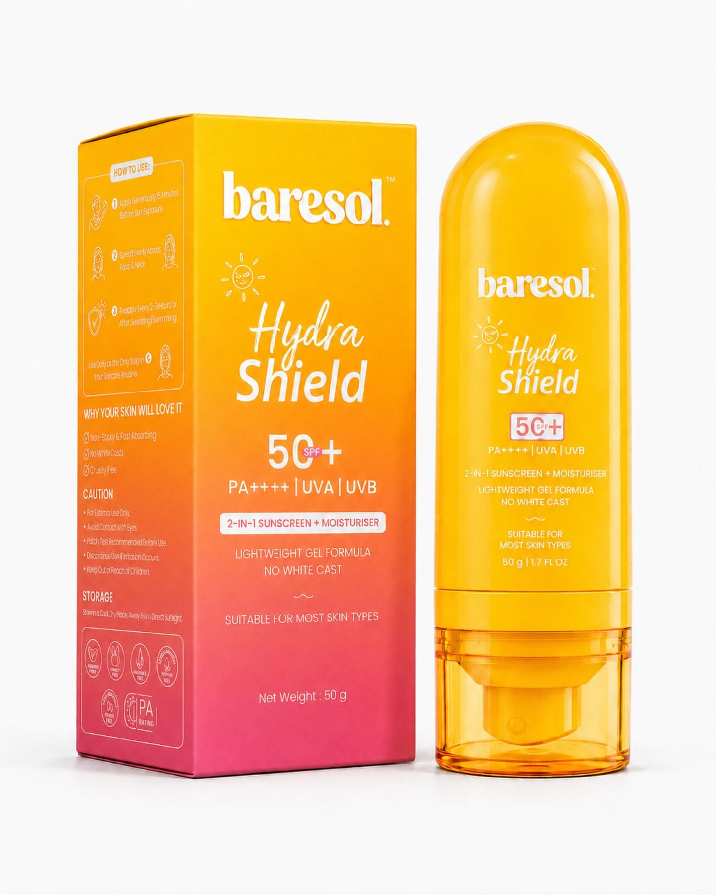 Baresol Hydra Shield sunscreen bottle and packaging on a white background