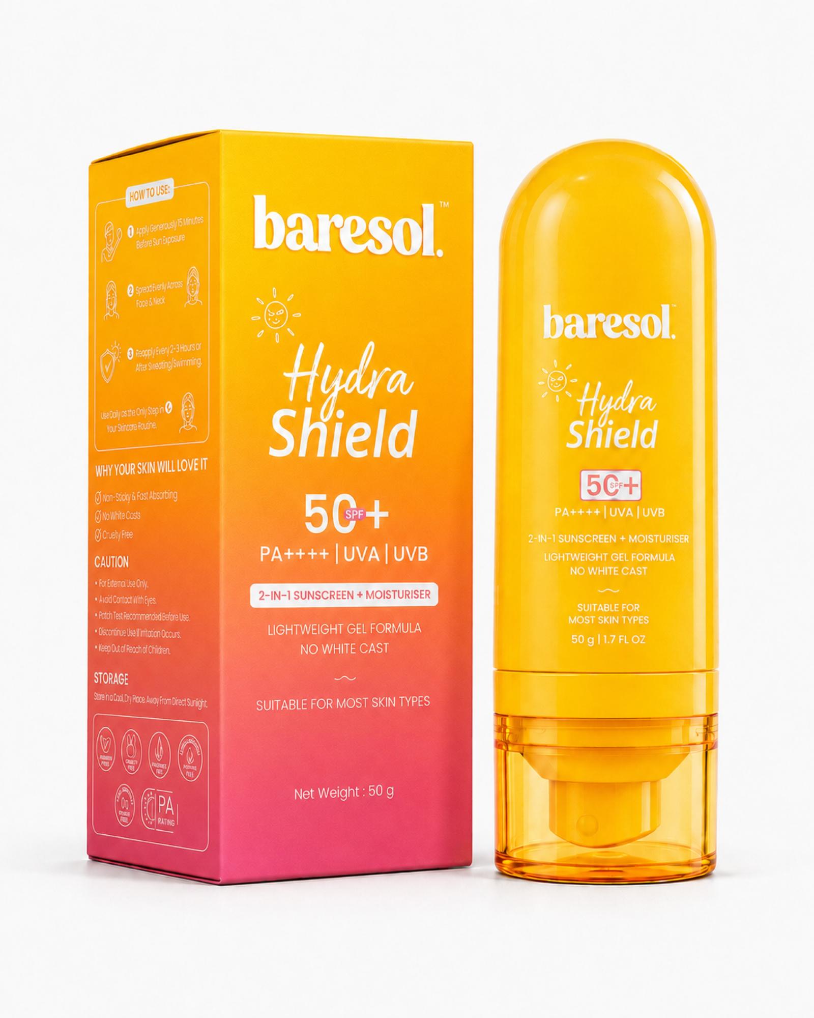 Baresol Hydra Shield sunscreen bottle and packaging on a white background